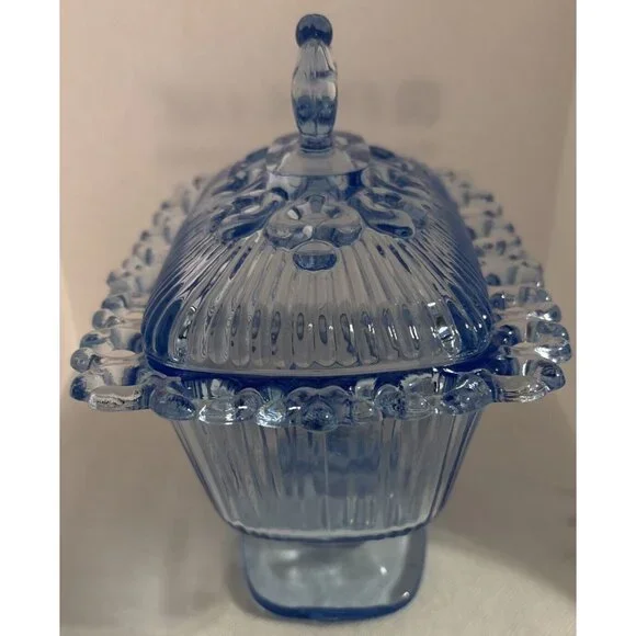 Footed 5” Blue Candy Dish & Lid Lace Edge Ribbed Indiana Glass Vintage - Picture 3 of 6